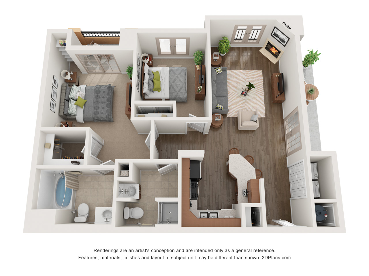 Floor plan for 2 beds, 2 baths, 983 sqft